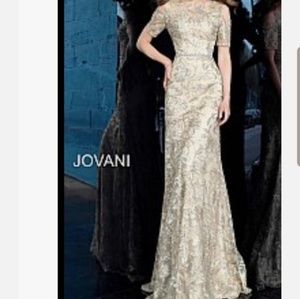 Jovani 63649 Gold Cold Shoulder Embellished Gown